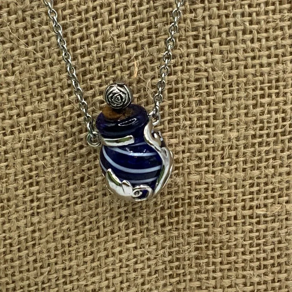 Earthbound Trading Co. Blue Glass Art White Swirl Silver Tone Perfume Pendant